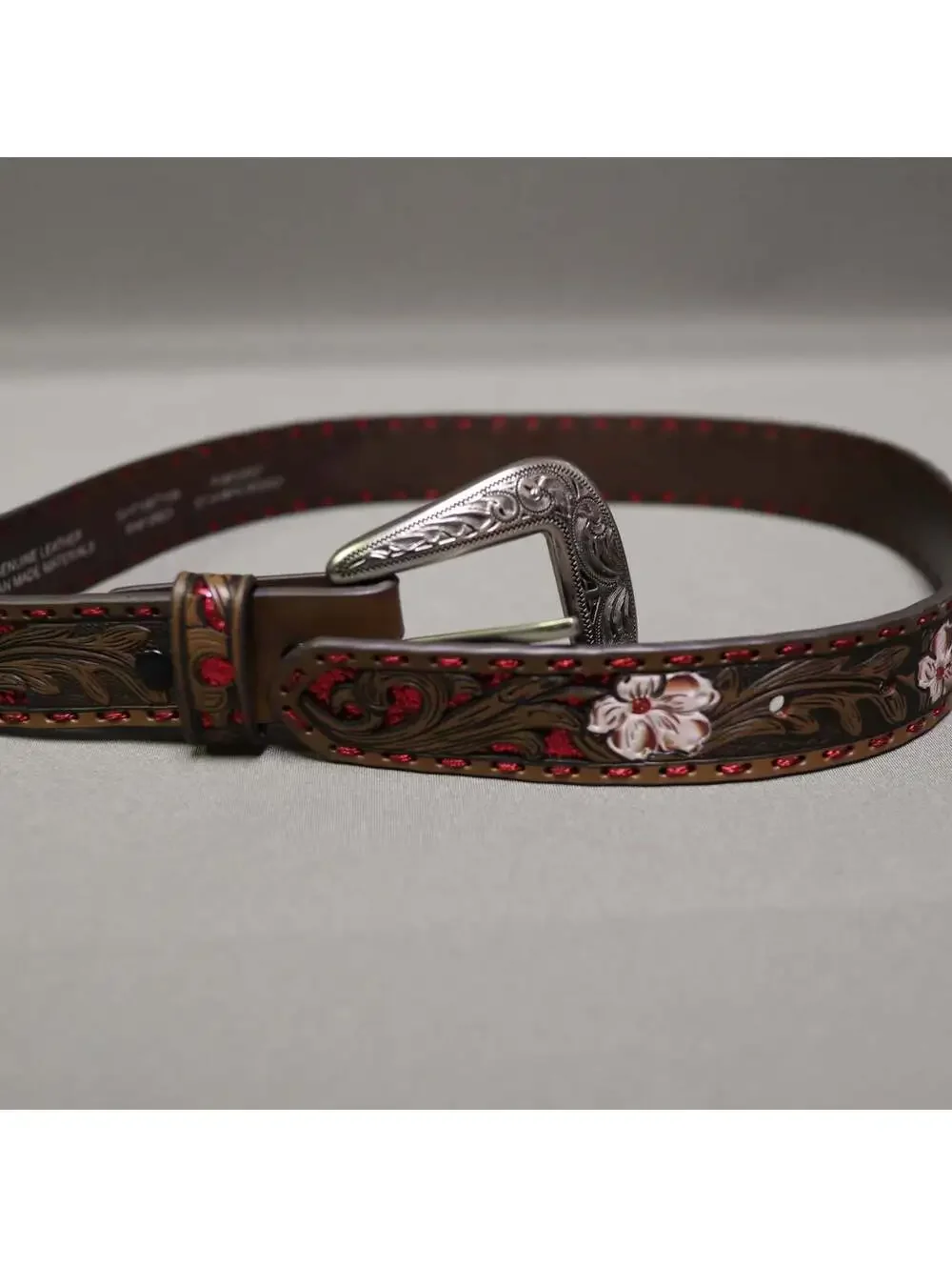 Shyanne Girls Floral Hand Tooled Leather Western Belt Size 24 Red Glitter